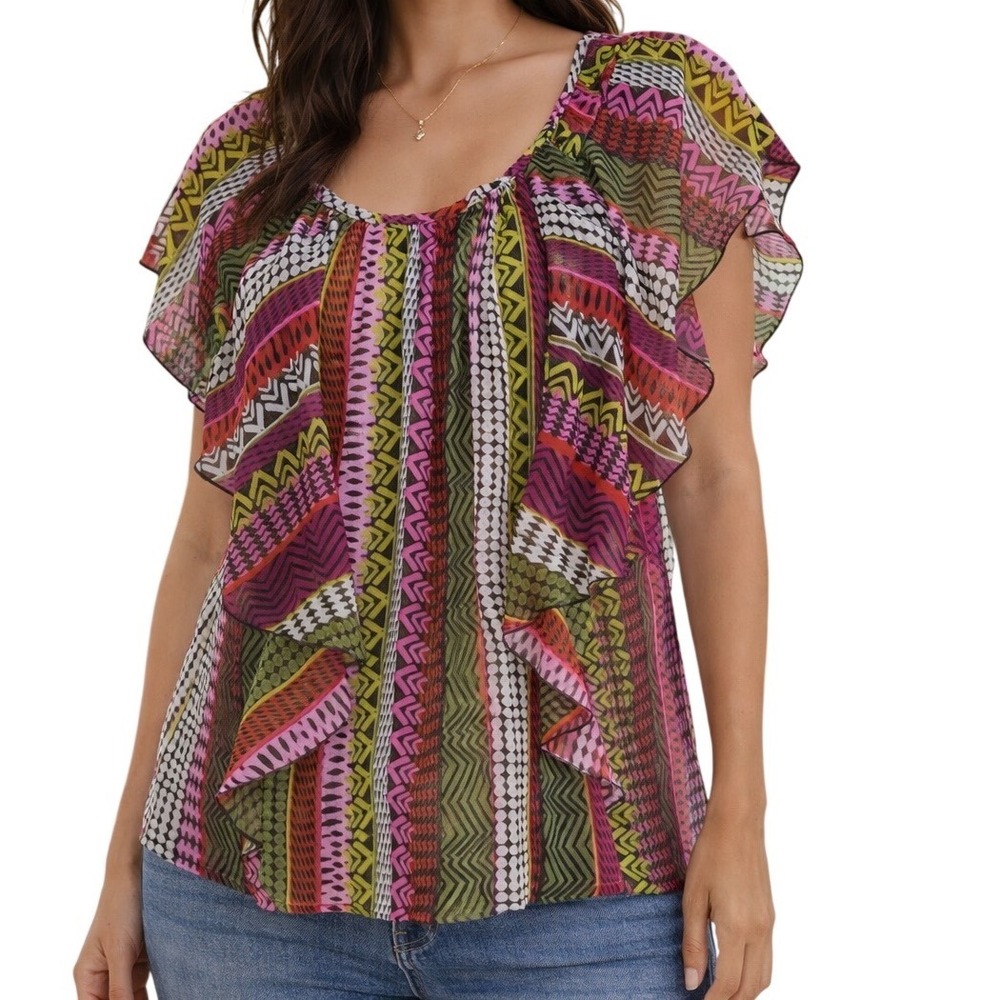 Madison Woman Pink Green Geometric Ruffle Flutter Sleeve 1X Chiffon Blouse light